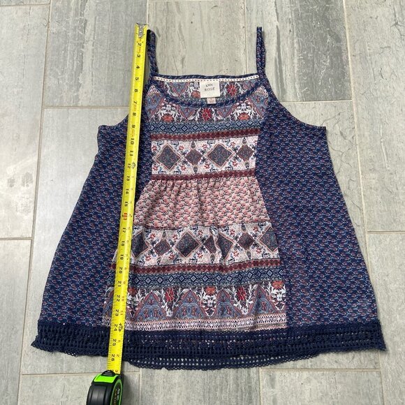 Knox Rose Floral Oversized Flowy Spaghetti Strap Blouse Navy Crochet Hem Small - Picture 6 of 10